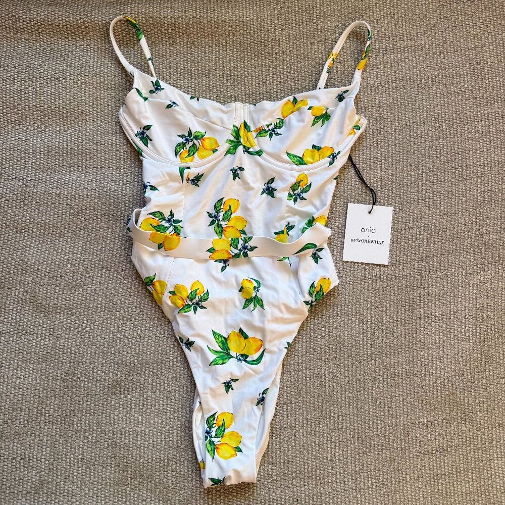 NWT Onia Danielle White Lemon Print Belted One Piece Swimsuit - Size Medium